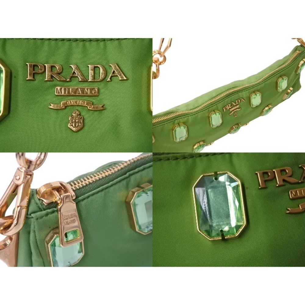 PRADA TESSUTO PIETRE CLUTCH BAG Jeweled Chain Shoulder Green - Picture 6 of 10